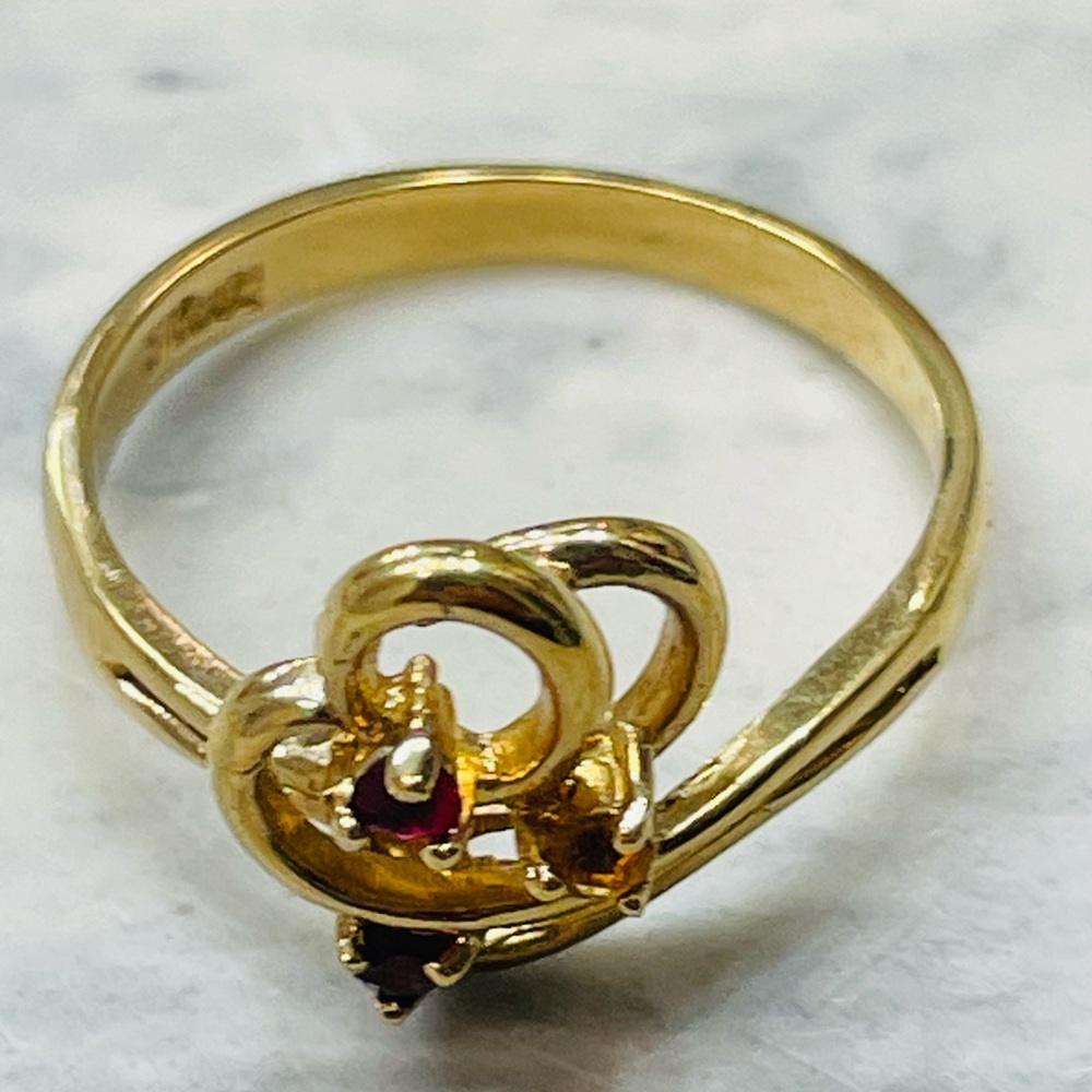 Vintage yellow gold tone open swirl ring 3 round-cut stones 6.5 Y2K - Picture 4 of 11